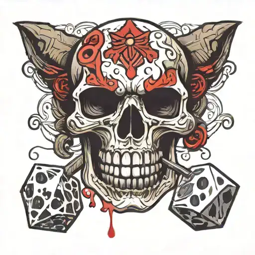 Skull With D&d Dice In Mouth Open