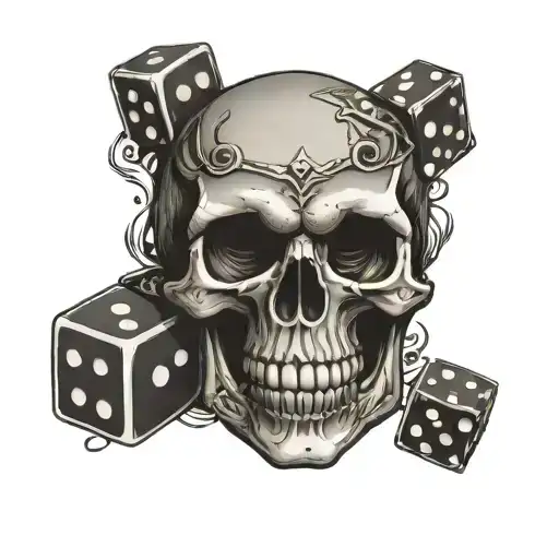 Skull With Dungeons And Dragons Dice Placed Inside Mouth Of Skull