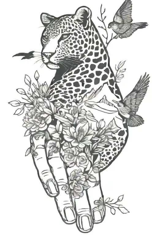 Tatto On Left Hand Black Leopard Some Mountains And Birds Minimal