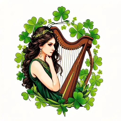 Woman In Harp Irish Harp With Maple Leaf And Clover