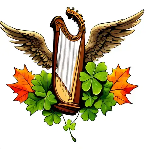 Angel In Harp Irish Harp With Maple Leaf And Clovers