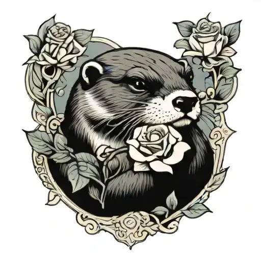 A Neoclassical Styled Tattoo Of An Otter Holding A Rose