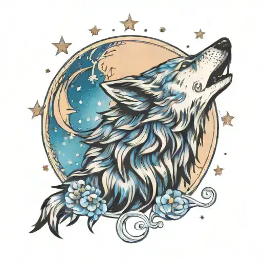 A Wolf Howling At The Moon Surrounded By Blue Sapphire Stars