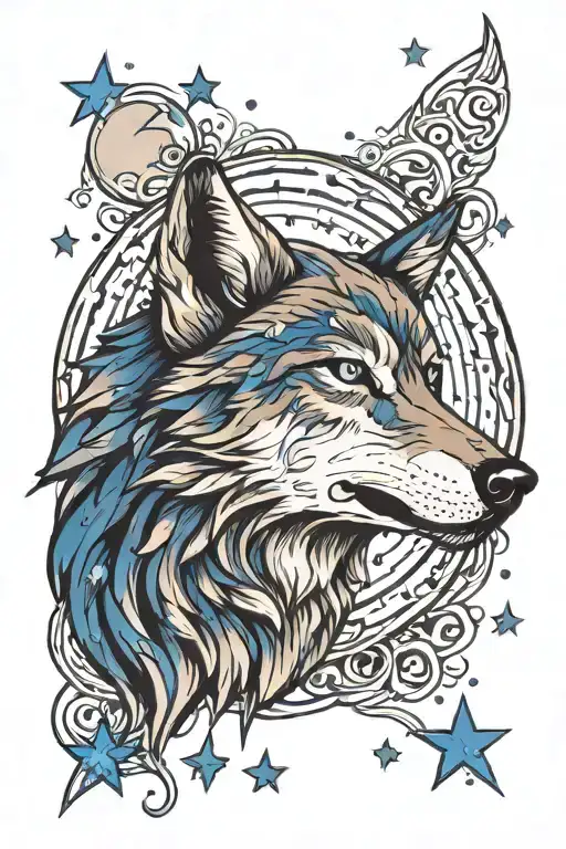 A Wolf Howling At The Moon Surrounded By Blue Sapphire Stars