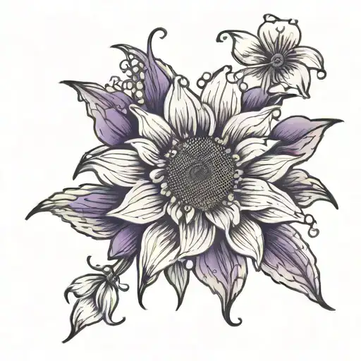 Small Sunflower With Purple Clematis And Lilly Of The Valley