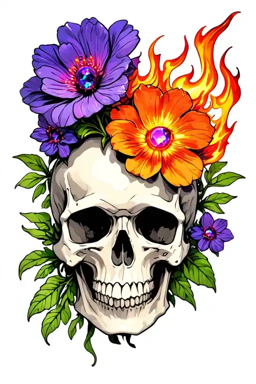 Violet Flowers With Fire Opal And Tourmaline As The Center Of The Flowers Growing Out Of A Skull
