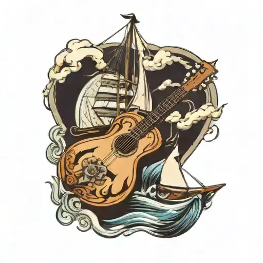 Guitar And Sailboat Sailing Around The World