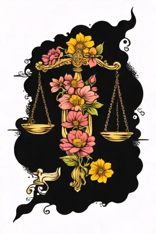 Libra Scales With Cosmos And Marigold Flowers And Libra Symbol