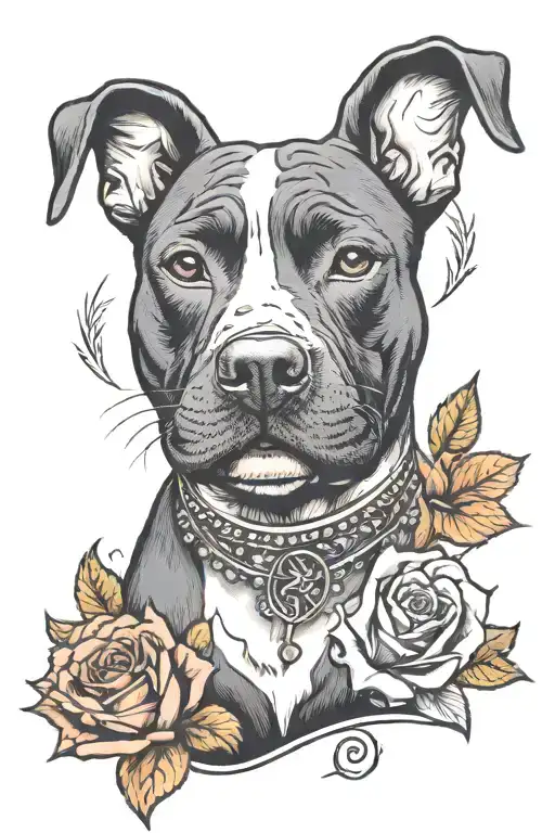 Black Pit Bull With Ears And A White Chest Sits Smiling Collors Rose