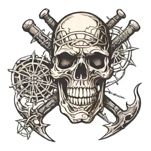 Skull With Web And Axes Tattoo