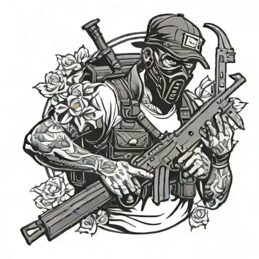 Black Gangsta Holding Ak 47 With Mask On Surrounded By Police