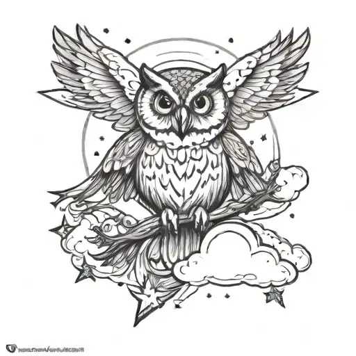 Clouds And Stars With Owl Flying