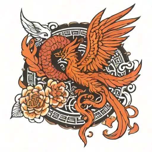 Phoenix And The Dragon Haku Circling Around The Symbol Of The Flower Of Life
