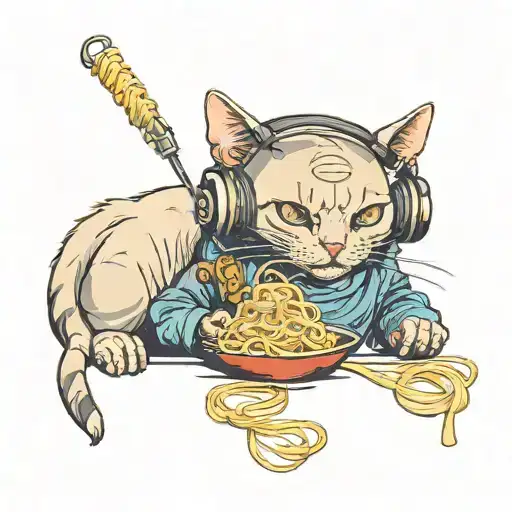 A Bald Cat With Headphones That Eats Noodles One