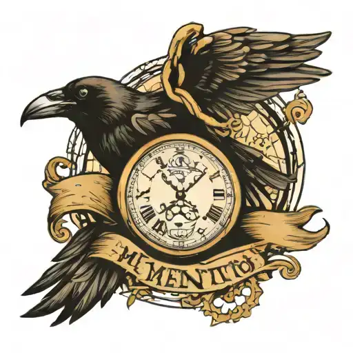 Small Tattoo Of A Crow Carrying A Pocket Watch Underneath Is A Banner With The Words Memento Mori