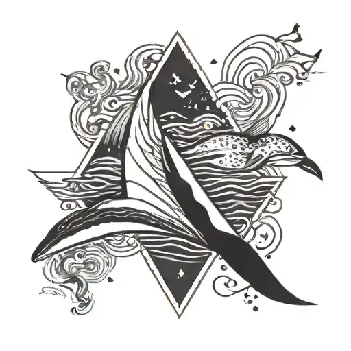 Simple Black And White Tattoo In Triangular Lines On The Theme Of The Sea Incorporating A Whale Tail
