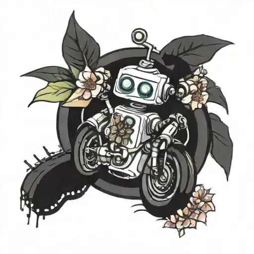 Cute Robot With Lily Flower And Motorcycle Tire Tracks