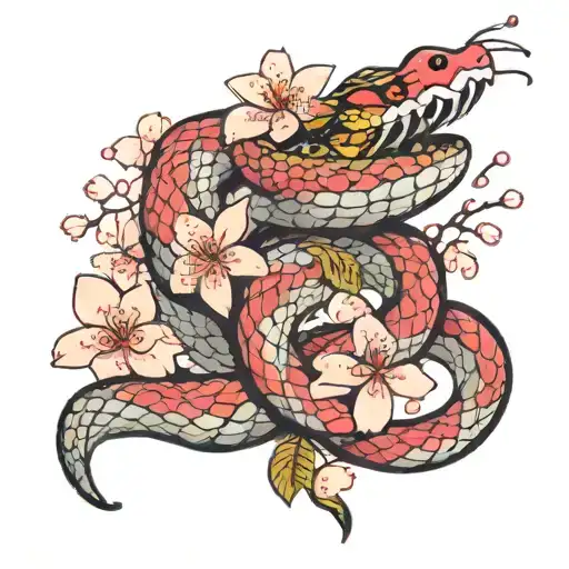 Snake Wrapped Around With Cherry Blossoms