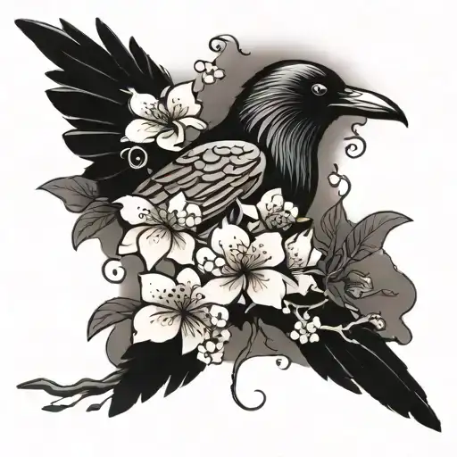 Raven With Cherry Blossoms