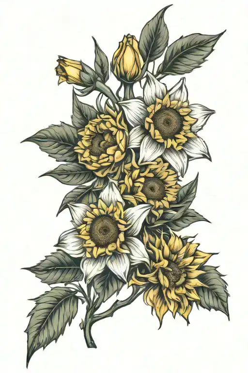 Daffodils And Sunflower With Stem Wrapped