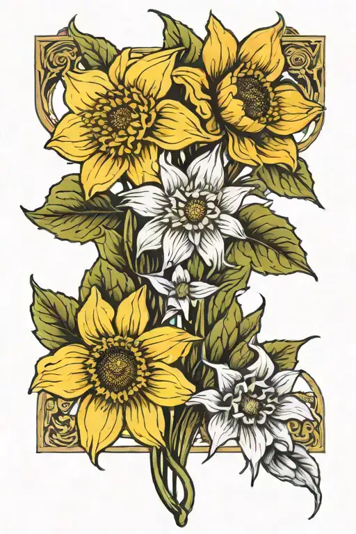 Two Daffodils And One Sunflower With Stems Tied Together