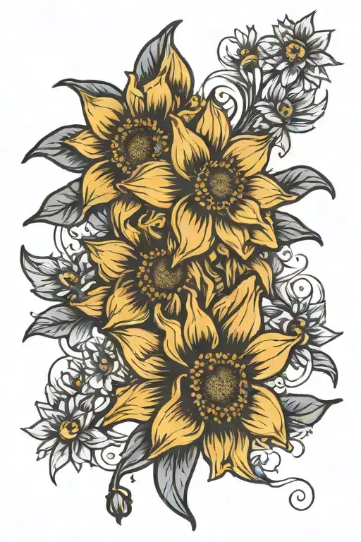 Small Daffodils And Sunflower Intertwined