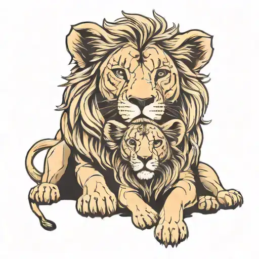 Lion And Lioness With Four Puppy