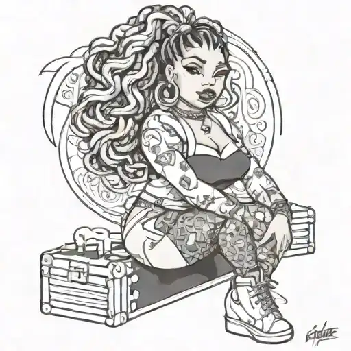 Black Chubby Pin Up Girl With Box Braids And Piercing Full Body Cartoon Style