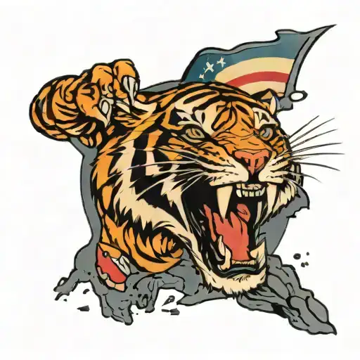 Tiger Roaring With A Rock In Across And A Gun Color Code Of The American Flag