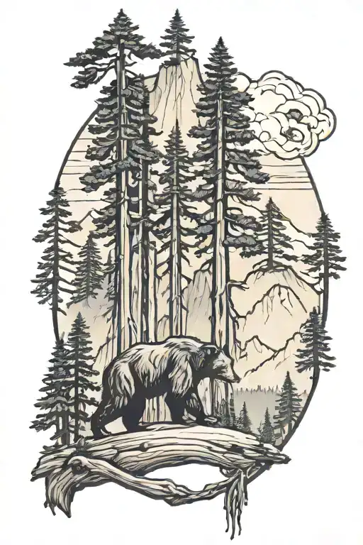 Redwood Trees With Bear And Mountain Backdrop