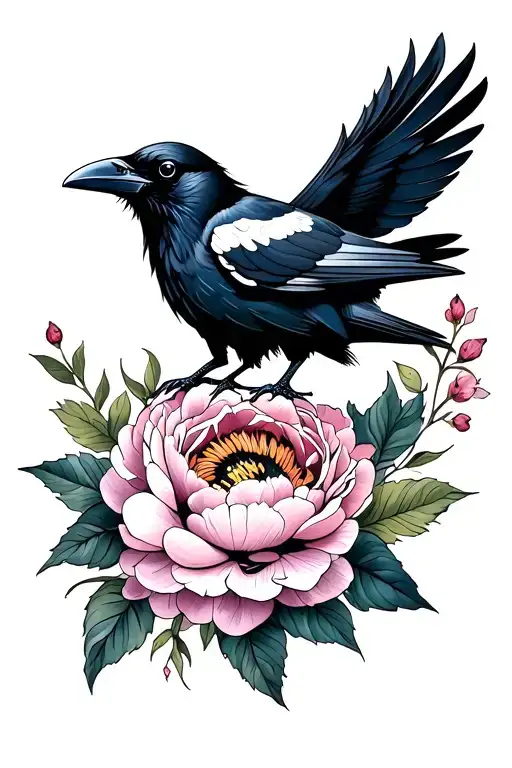 A Raven And Peonies