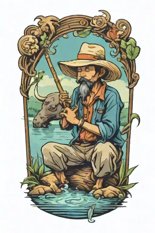 Straw Hat Kid Farmer Sitting On Water Buffalo Playing The Flute