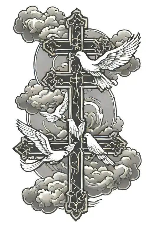 3 Crosses With Clouds Surrounding With A Dove Flying