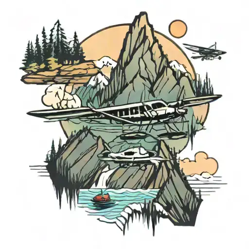 Four Mountains With A Bear And A Float Plane