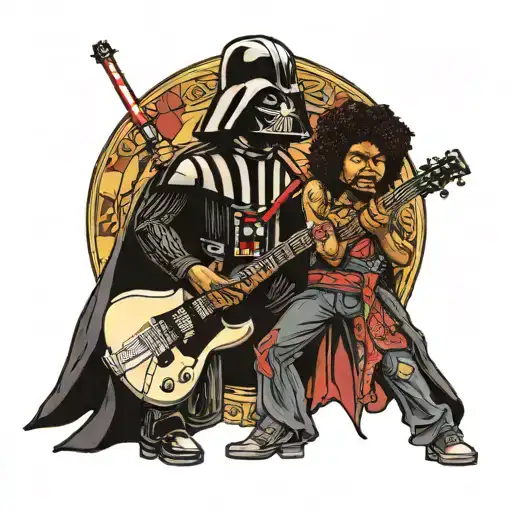 Darth Vader Holds Guitar And Jimi Hendrix Holds A Light Saber