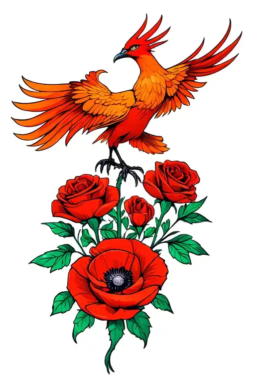 Red Orange Phoenix Standing On Poppy Flower A Gladiolus Flower Bed Of Red Roses