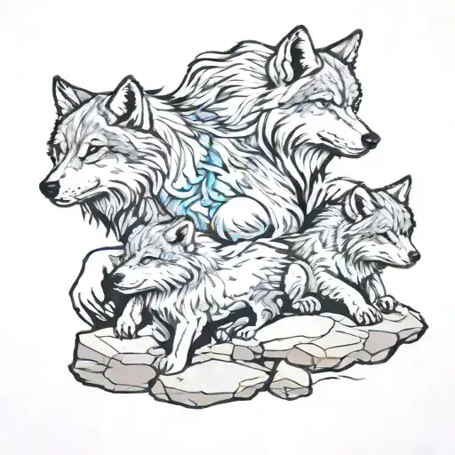 Wolf On A Rock With Three Cubs