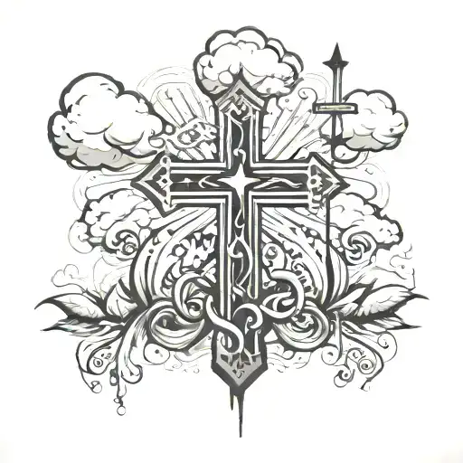 Cross And Praying Hands Clouds Surrounding And Name And Bible Verse