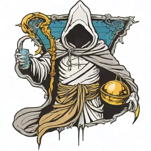 Hooded Faceless Cloaked Saint Full Body Holding Large Water Trident