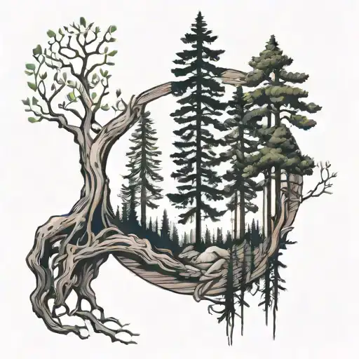 Draw Half Arm Tattoo That Is A Forest With Half Of One Tree Full And Other Half Bare