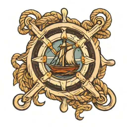 Ship Wheel With Rope And Anchor Intertwined