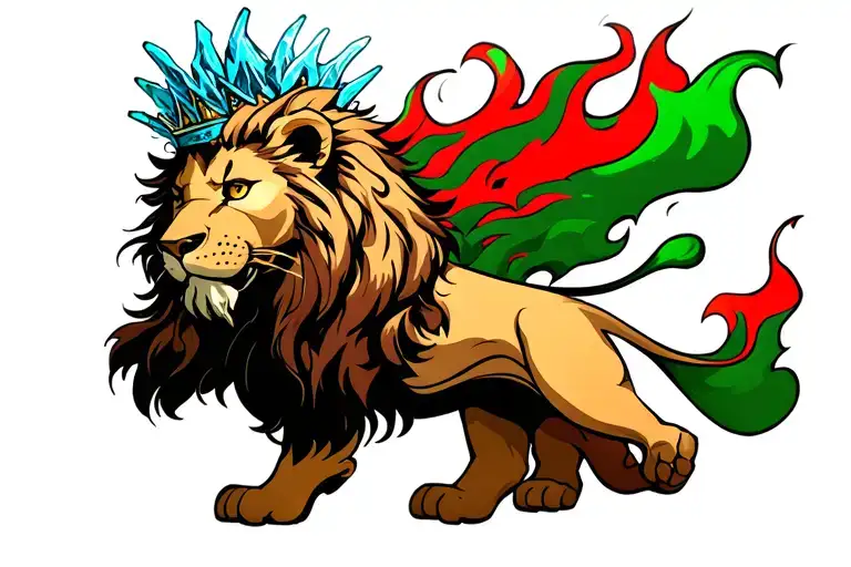 A Lion With Green And Red Flames Behind It And The Lion Has A Blue Ice Crown