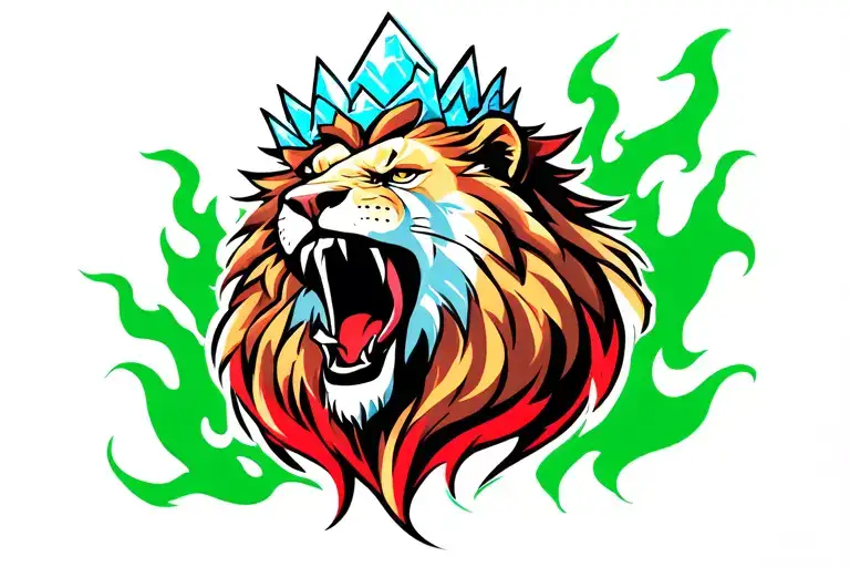 A Lion Head Roaring With Green And Red Flames Behind It And The Lion Has A Blue Ice Crown