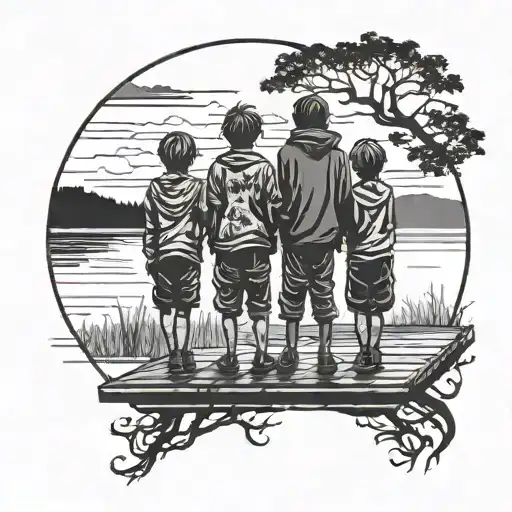 Three Kids Silhouette Standing On A Dock Looking Over A Lake