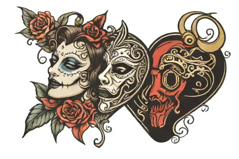 Theatre Masks Tragedy And Comedy Musical Heart Notes Heartbeat Life Line And Microphone