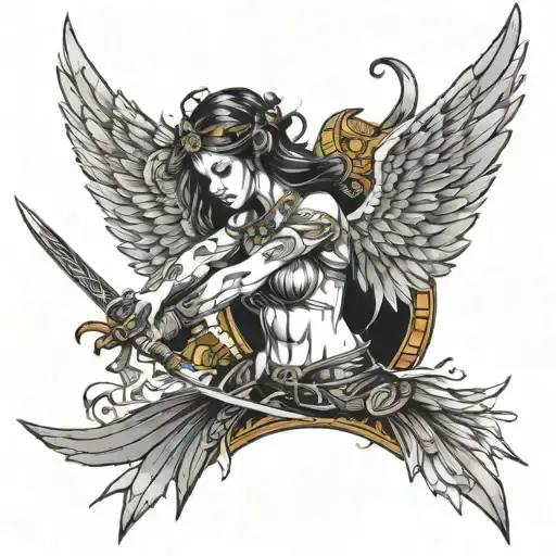 Valkyrien Bowing To Her Sword Wings Spred Wide Open