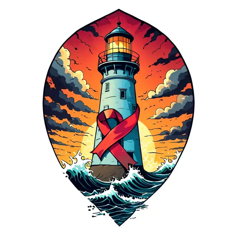 A Lighthouse Standing Tall Amidst Crashing Waves With A Cancer Ribbon Around It