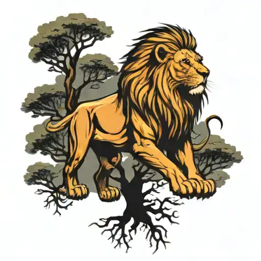 Roaring Lion Above Dark Savana Tree