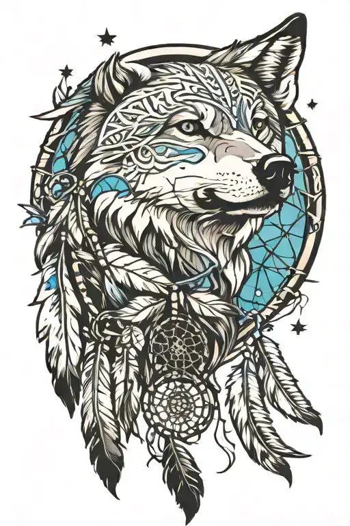 Native American Wolf With Dream Catcher Entangled And The Desert Sky