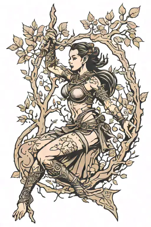 Female Warrior Growing Tree Branches Stretching Towards The Sky